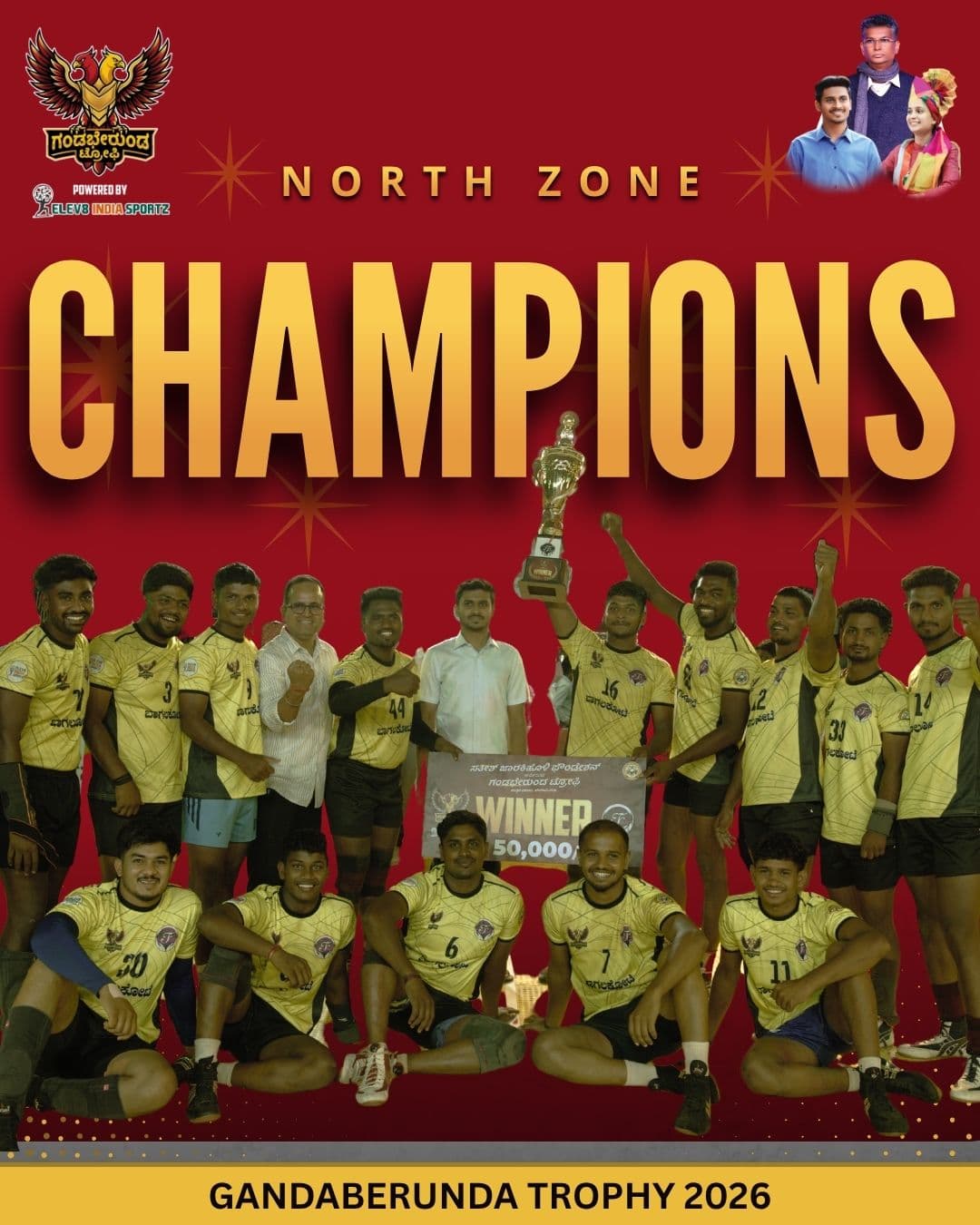 North Zone champions poster — Bagalkot with the Gandaberunda Trophy 2026 North Zone title